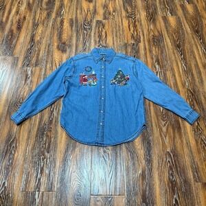 Vintage Women's M Christmas Embroidered Denim Chambray Shirt Top Bears Tree Med